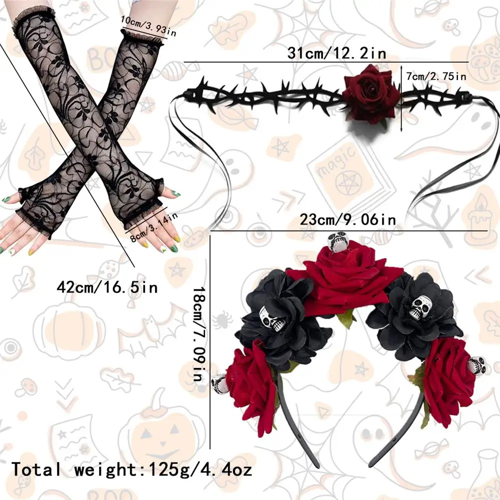 3-Piece Set Halloween Costume Accessories Novelty Mexican Rose Flower Crown Headband Skull Rose Headband