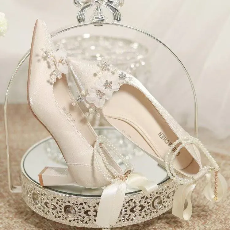 French-style Wedding Shoes, Bridal Shoes, Main Wedding Dress Shoes, Thick-heeled High Heels, White, Comfortable and Not Tiring view 4