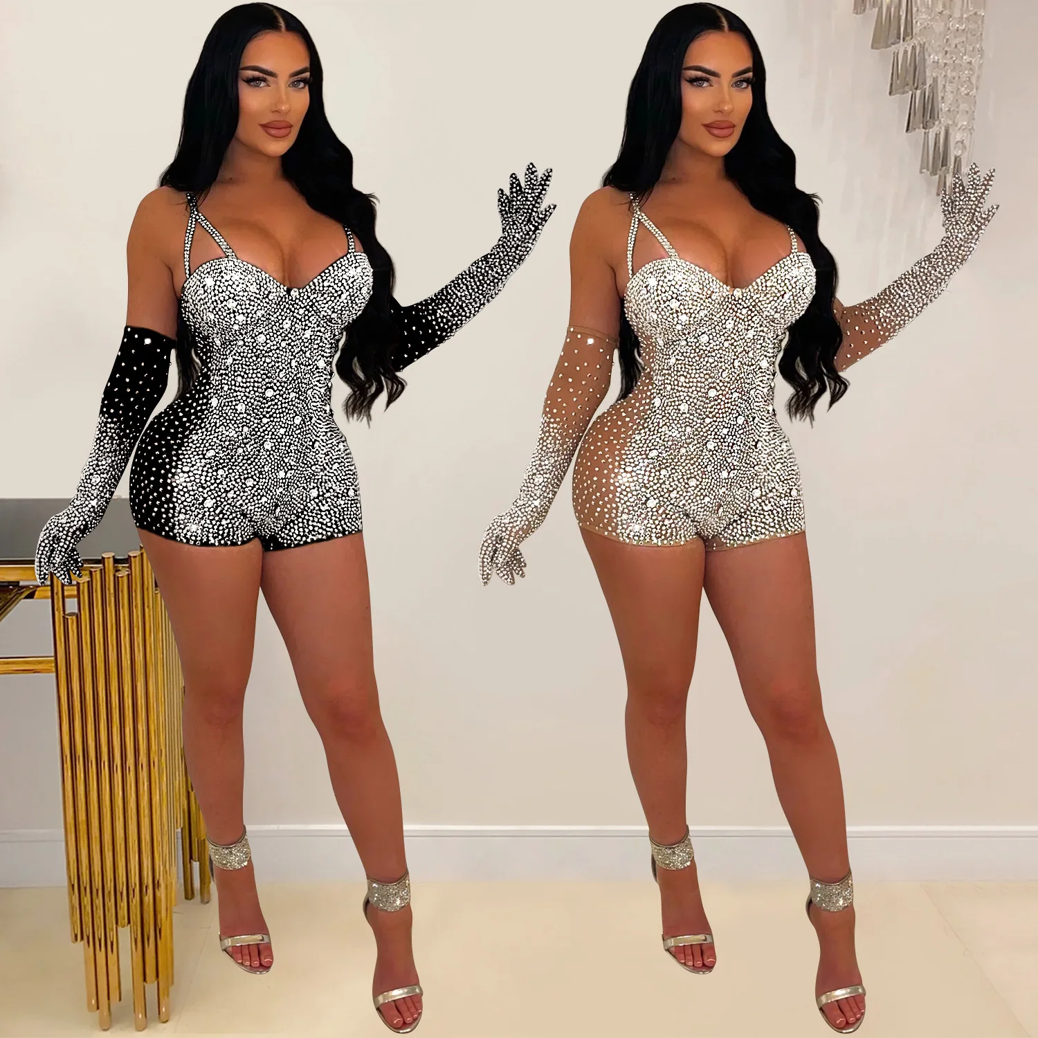 

BKLD Fashion Summer Women Clothing Solid Color Mesh Diamonds Perspective Shorts Jumpsuit Spaghetti Strap Rompers With Gloves