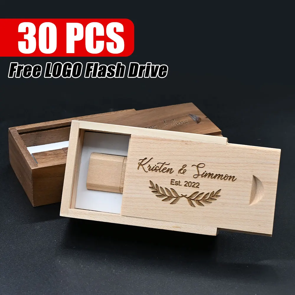 30PCS/LOT Free Custom Logo USB 2.0 Flash Drive 128GB Oval Pen Drive with Wooden Box 64GB Creative Gift Wood Memory Stick 32GB
