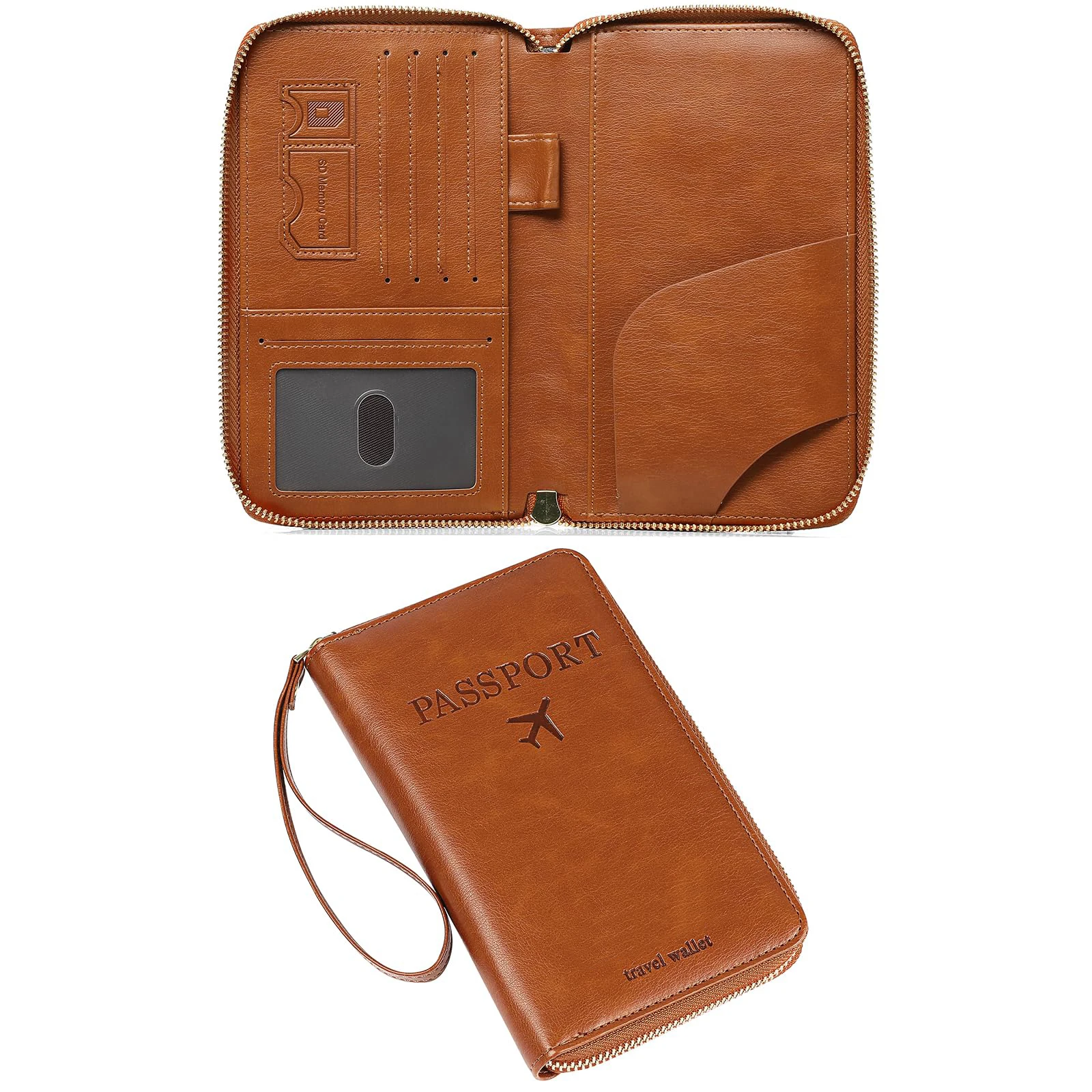 Travel Passport Wallet for Women, PU RFID Passport Cover Holder for Men Travel with Wristlet, Multiple Card Slots with ID Window