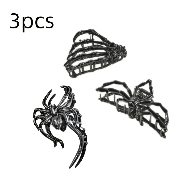 3pcs Halloween Black Metal Spider Hair Clips, Gothic Spider Skeleton Hair Barrettes, Punk Horror Hair Accessories For Halloween
