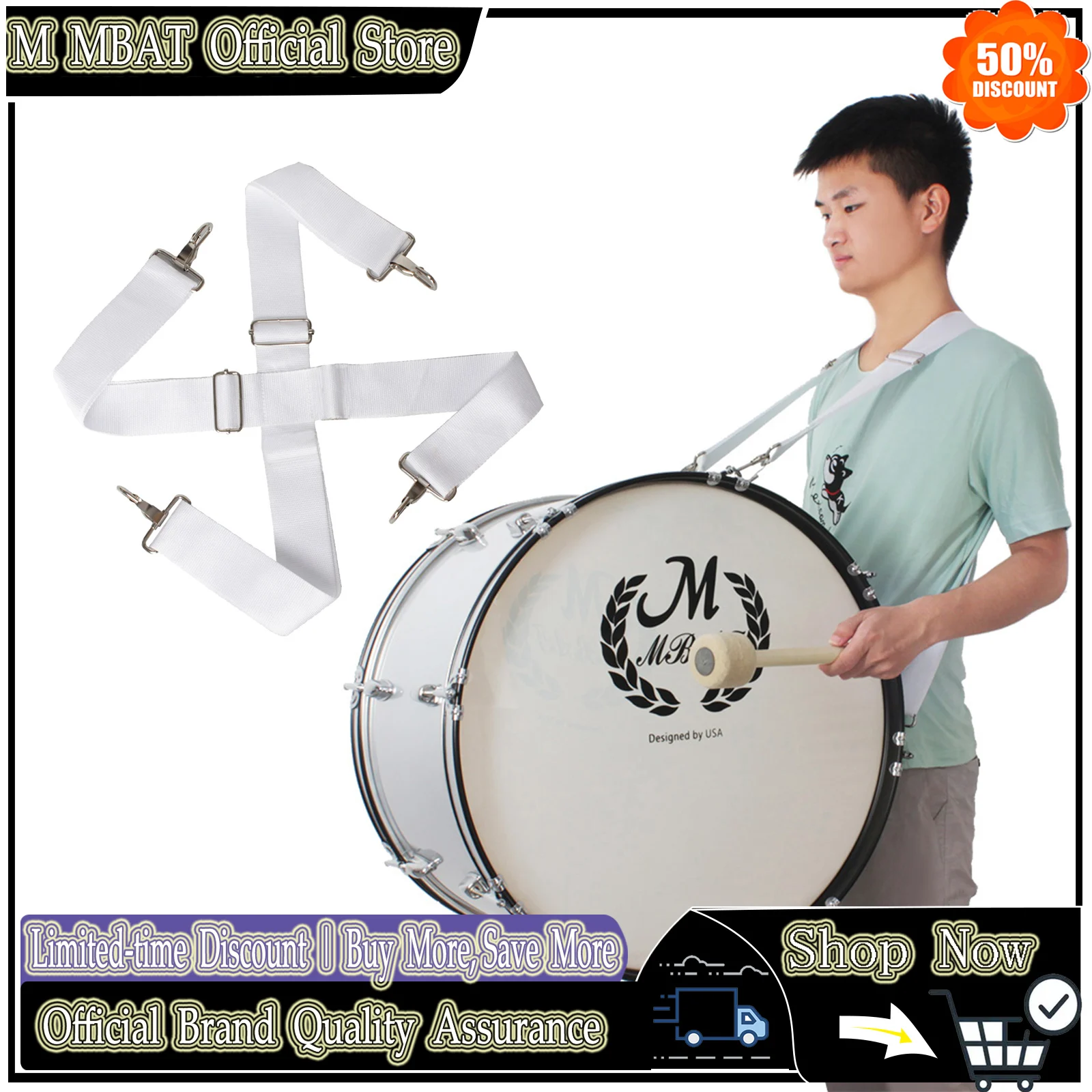 

White Nylon Bass Drum Harness Adjustable Shoulder Strap for Marching Snare Drum Percussion Instrument Parts Comfortable Padded