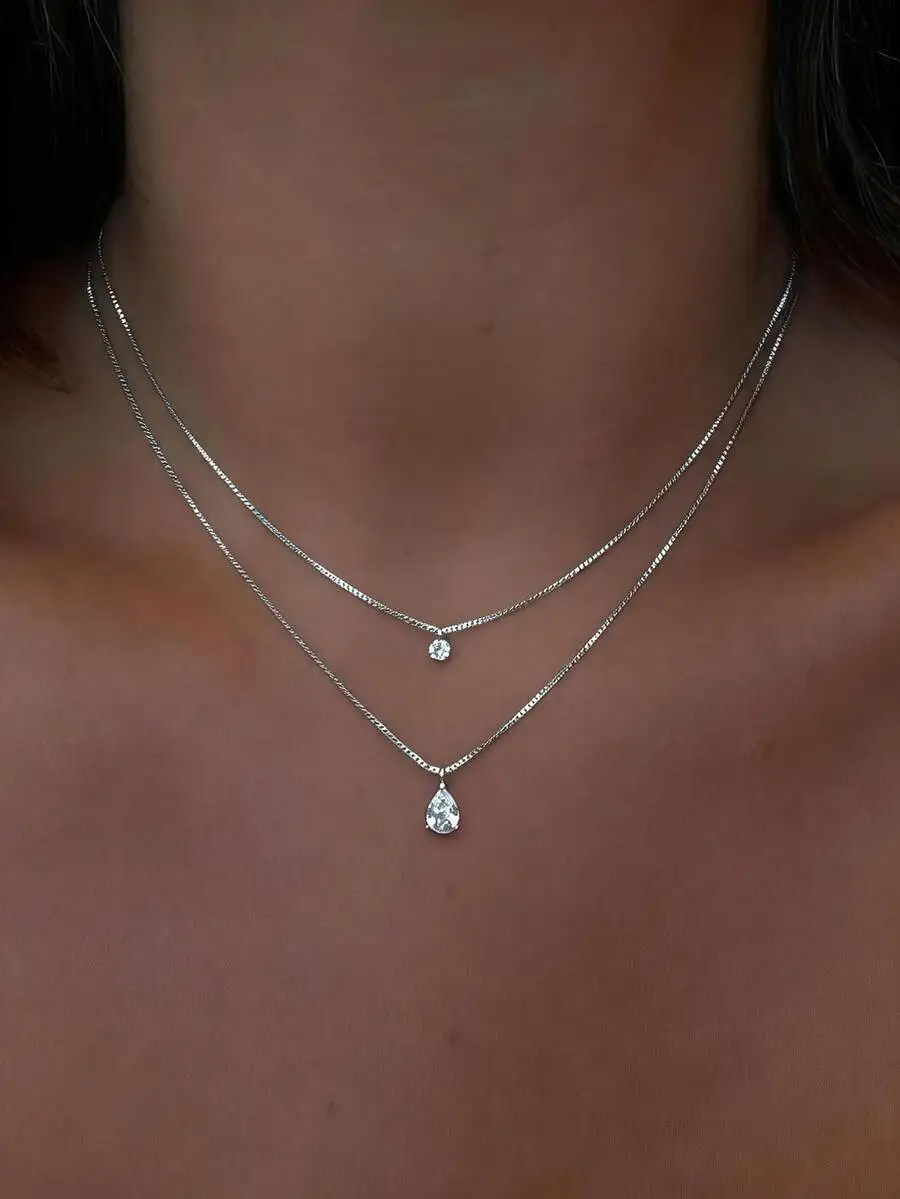 

Minimalist Water Drop Cubic Zirconia Double Layer Pendant Necklace For Women