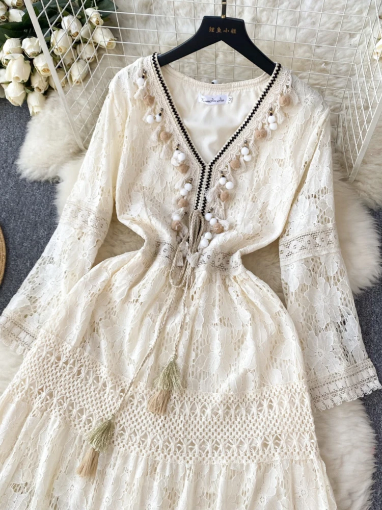 French Court Style Dress Women Vintage Mesh Hook Flower V-neck Tassel Design Long Dress Summer Clothing for Women