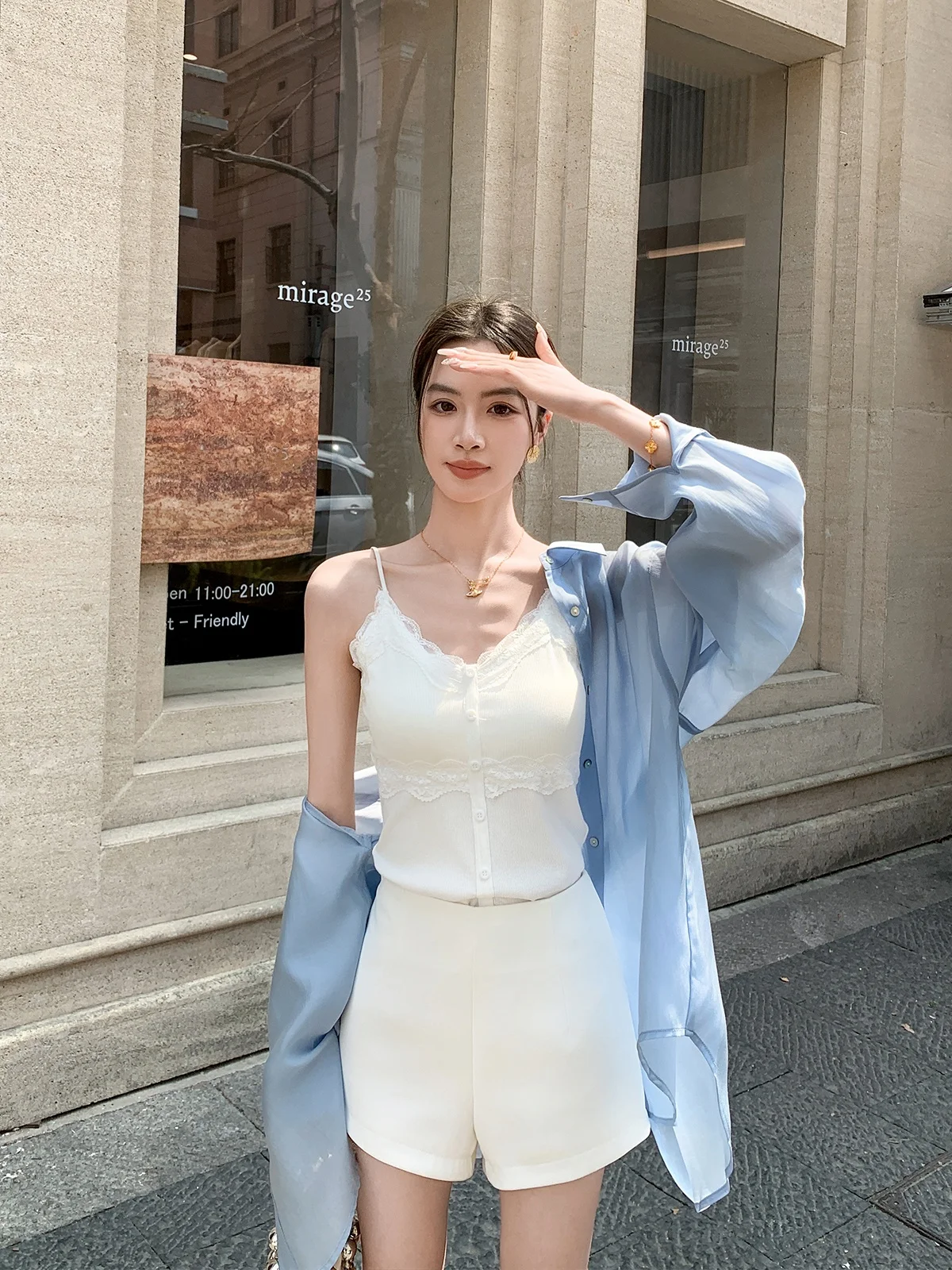 

Binguo White Lace Trim ter Vest Women's Slim Fit Versatile Top Sweet Sle Pure Color Button Detail Summer New Arrival