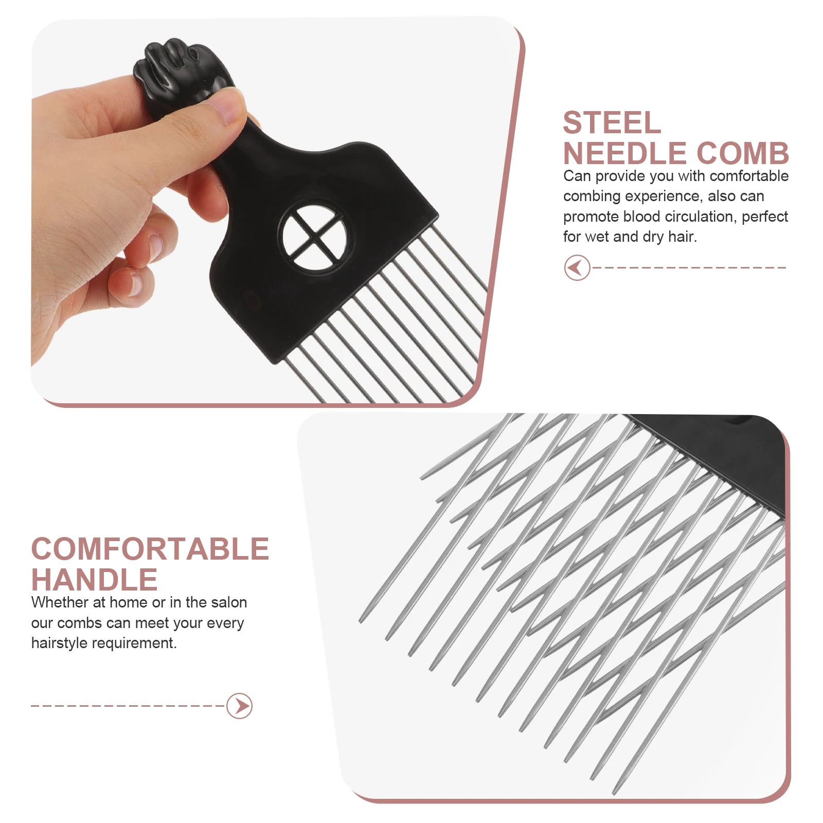 

2 Pcs Steel Needle Comb Tea Color H Hair Pick Afro Pick for Men Women Curly Hair Styling Parting Safe Material