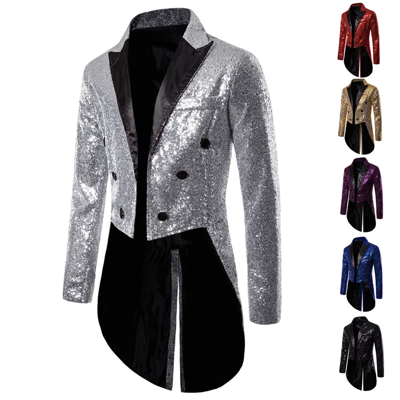 Shiny Gold Sequins Glitter Men\'s Tailcoat Suit Jacket Male Double Breasted Wedding Groom Tuxedo Men\'s Blazer Stage Party Costume