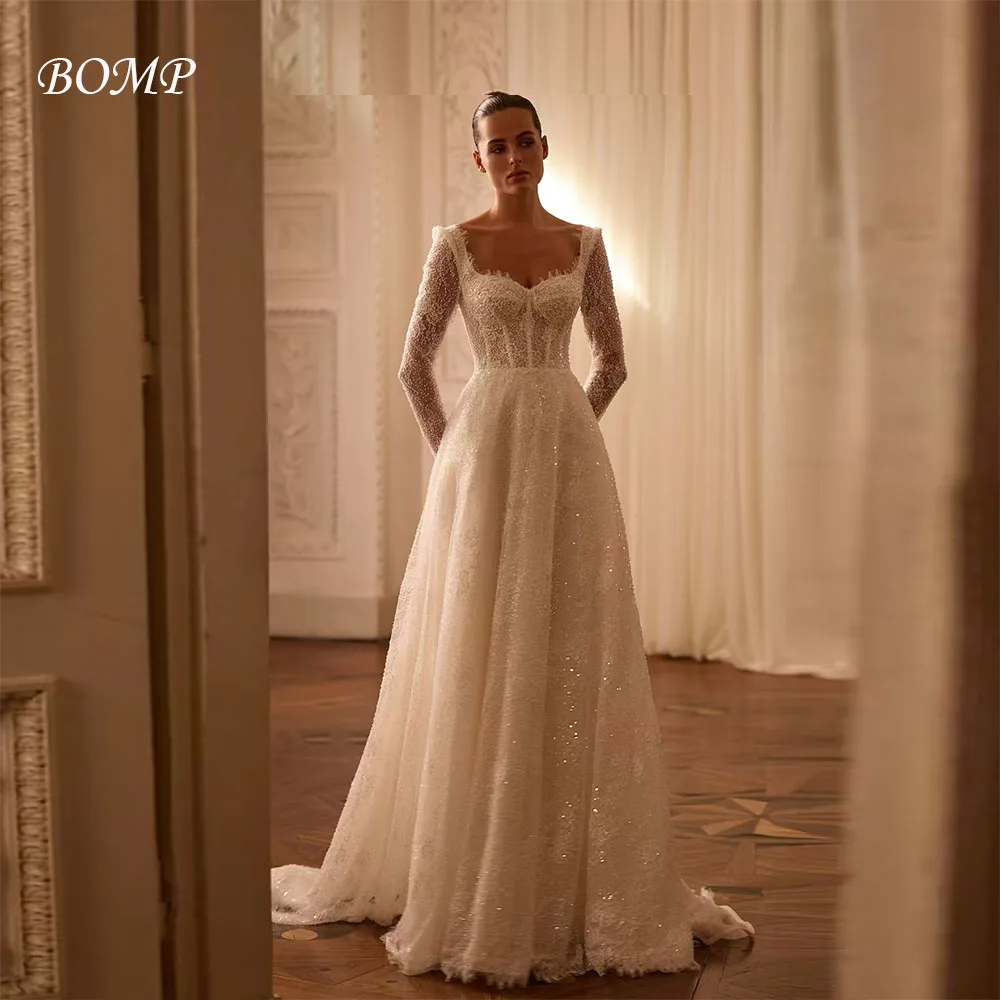 

BOMP Exquisite Sequned Wedding Dress Sweetheart Full Lace Sleeves Draped A-Line Sweep Train Bridal Gown Custom Robe de mariée