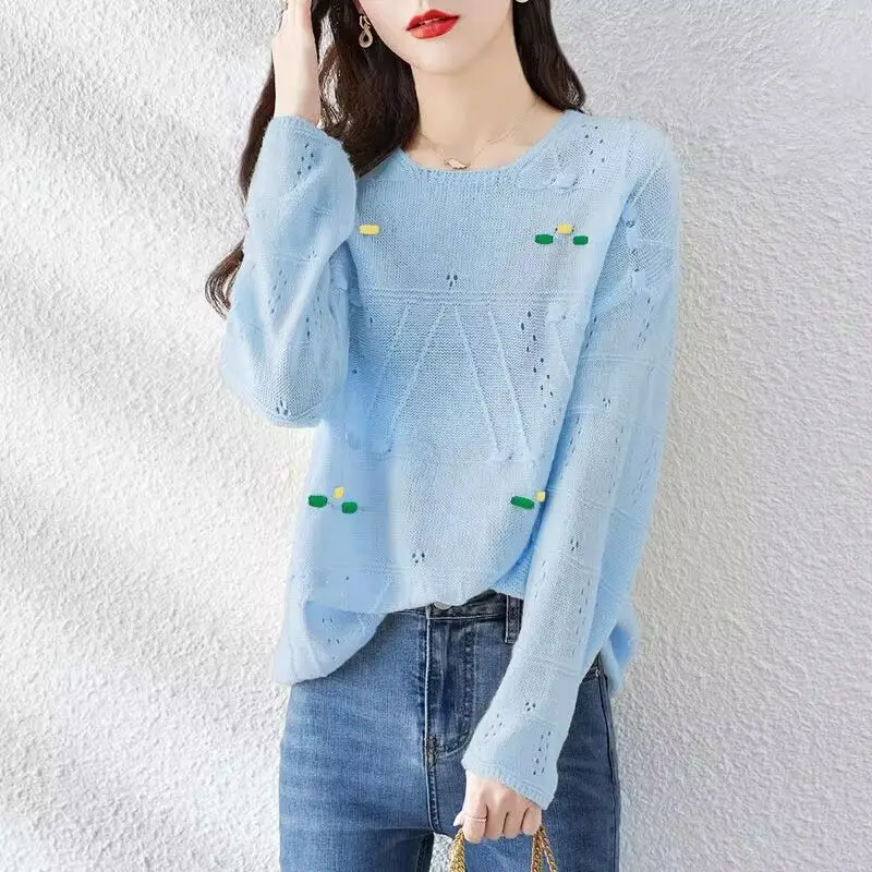 Spring Autumn Women\'s Solid Color Long Sleeve Hook Flower Hollow Sweater Knitted Casual Pullover Round Neck Office Lady Tops