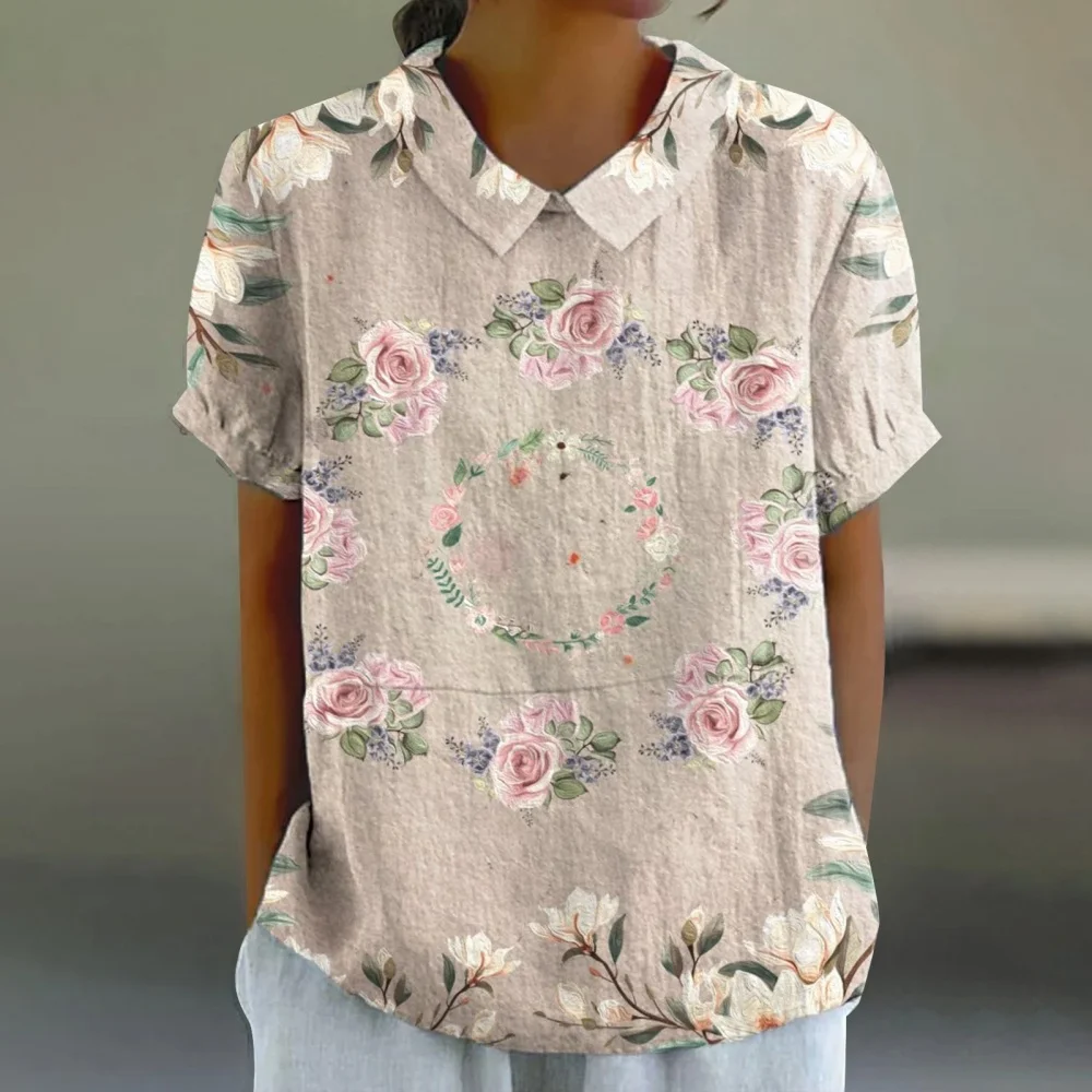 

Summer New Printed Short-sleeved O Neck Shirt T Shirt Women Blouse Casual Loose Retro Female Everything With Cotton Linen Blouse