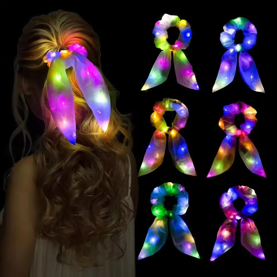 5/10 قطعة Led تضيء القوس Scrunchies Led الشعر Scrunchie ذيل حصان أصحاب النساء اكسسوارات توهج في الظلام لوازم الحفلات