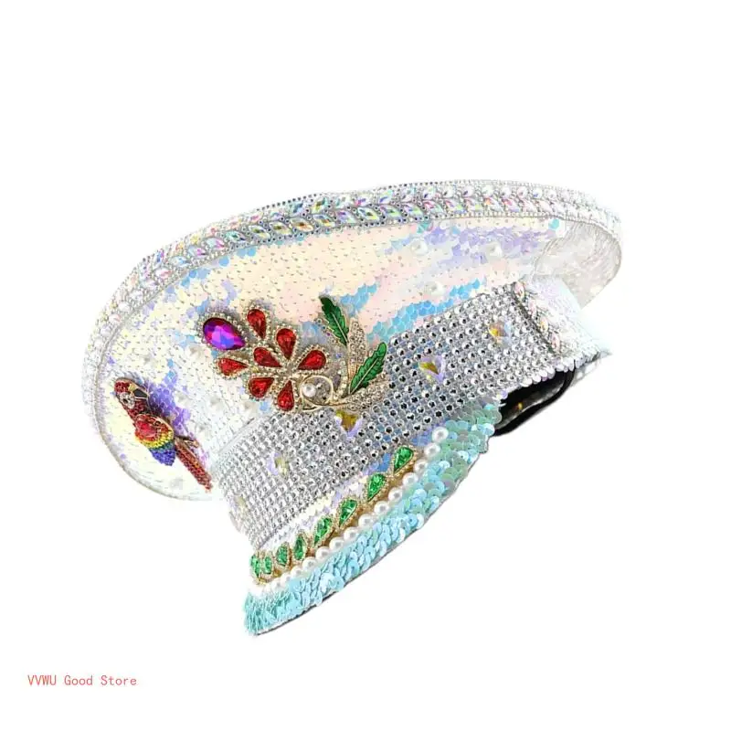 Shimmering Rhinestones Hat Women Cosplay Captain Hat Halloween Party Dress Up Hat