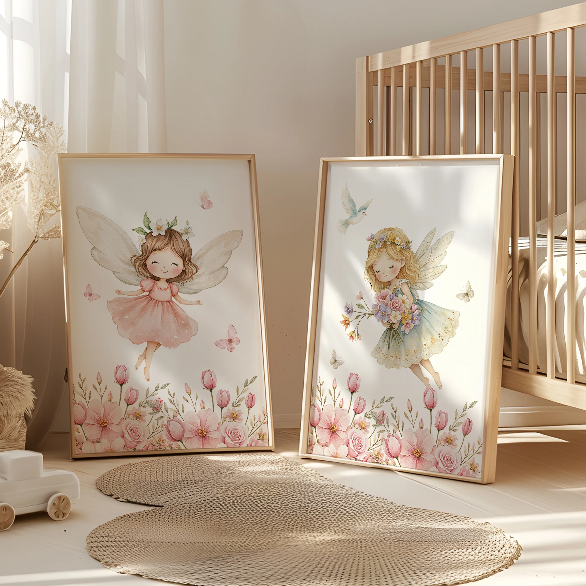 3 szt. Personalizowane Imię Własne Nadruki Ścienne z Motywem Uroczych Różowych Elfów, Kwiatów, Motyli i Ptaków, Obrazki do Salonu, Pokoju Dziecięcego, Dekoracja Domu