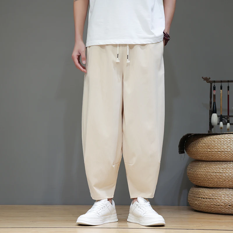

Summer and Autumn Casual Thin Ice Silk Hanging Feeling Wide Leg Lantern Pants Loose Chinese Style Harem Pants for Men