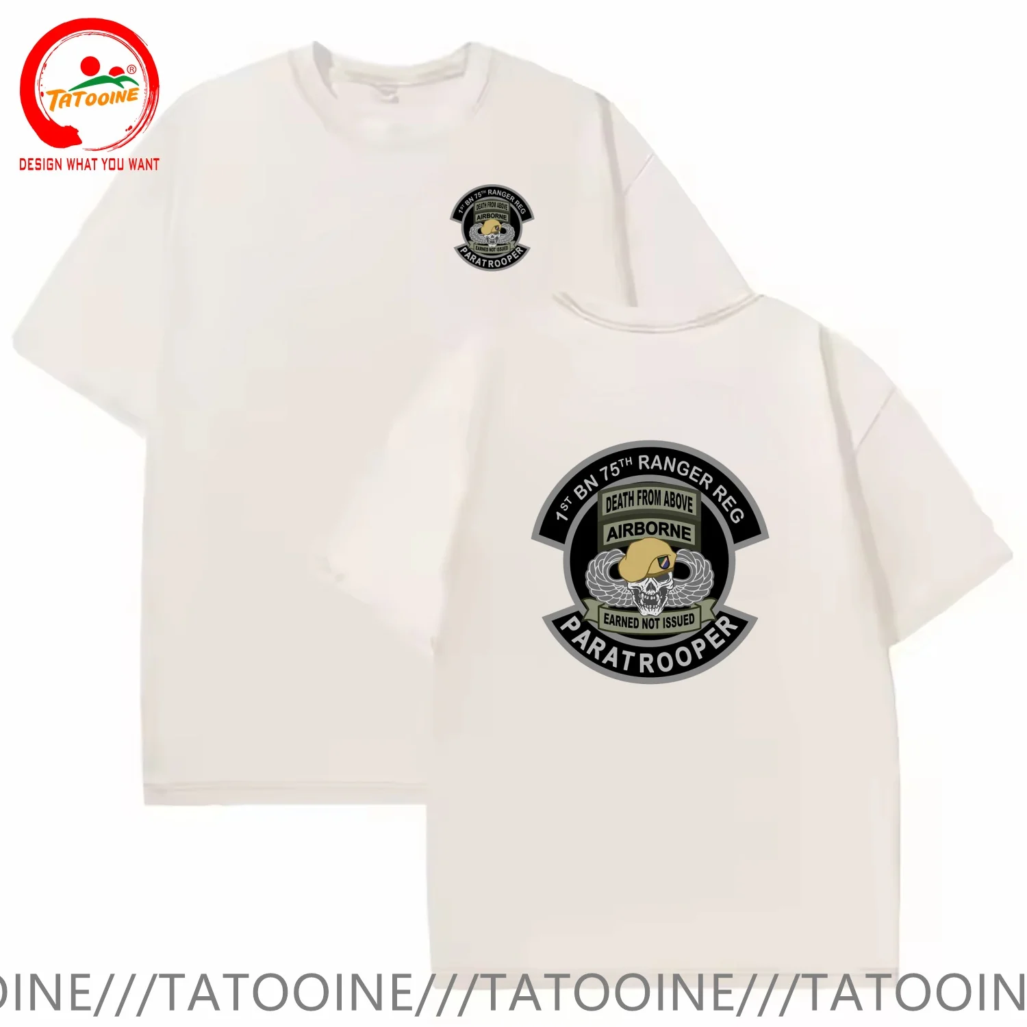 Vintage Washed Cotton T-Shirt Funny Designer US Army Airborne 1st BN 75th Ranger Reg Paratrooper T Shirt Men Fashion Trendy Casu