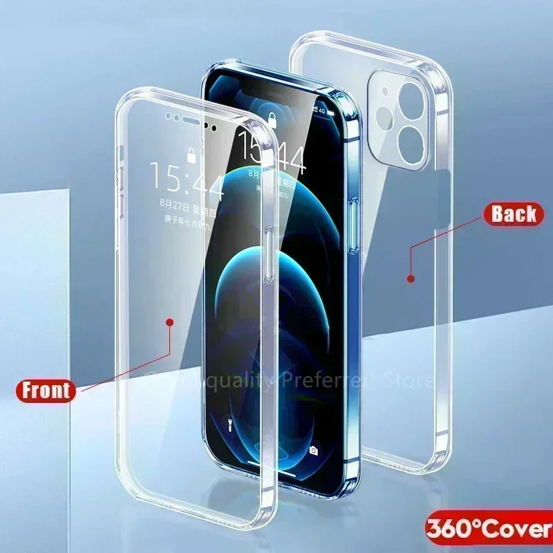 360 Full Body Protective Clear Case For iPhone 15 14 13 12 Mini 11 Pro XS Max XR 7 Plus Double Layer Soft Silicone Front Cover