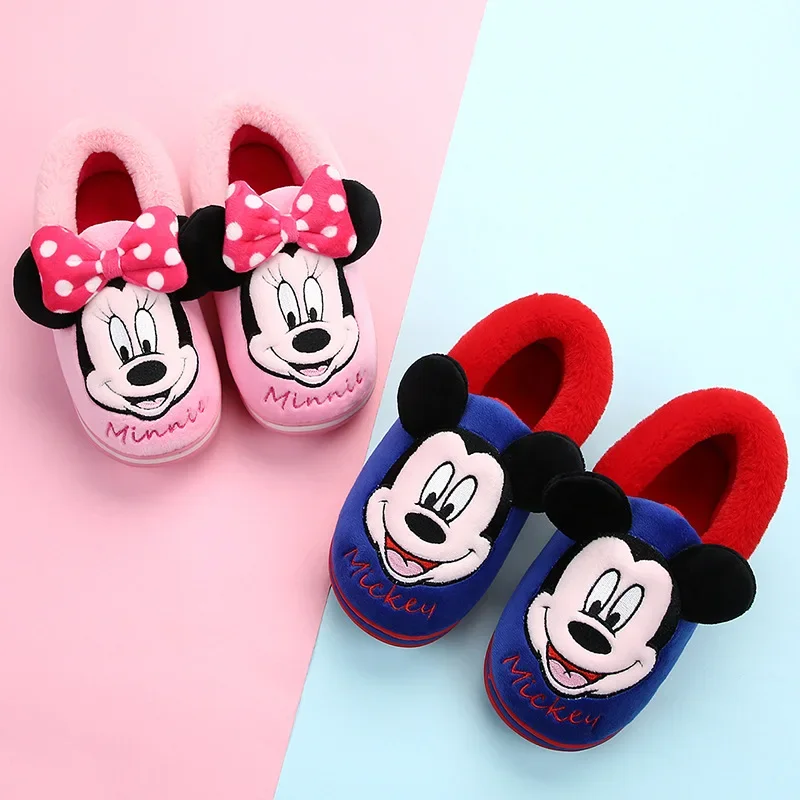 Disney Mickey Minnie Kids Cotton Slippers Cartoon Boys Girls Warm Winter Indoor Slippers Non-slip Home Children Plush Slippers