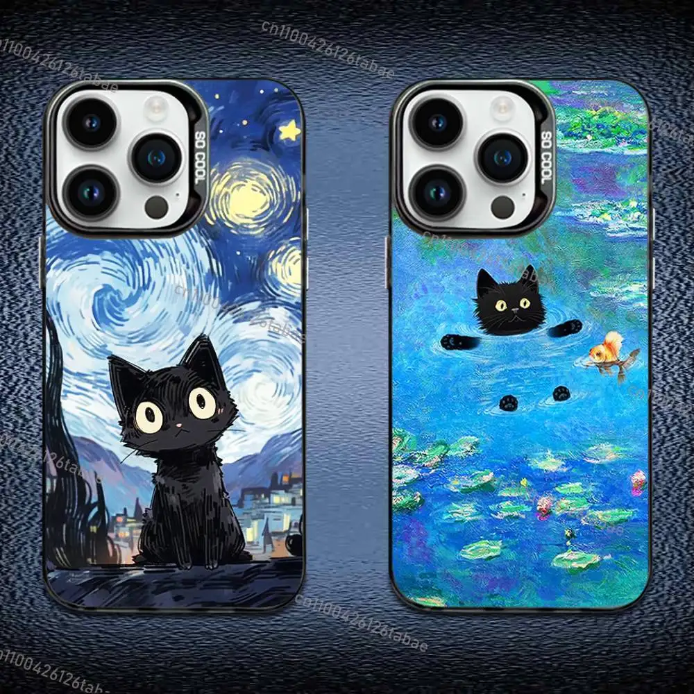 

Funny cartoon Van Gogh Monet's Black Cat Phone Case For iPhone 17,16,15,14,13Plus,12Max,11Pro,Colorful Gradient Soft Black Cover