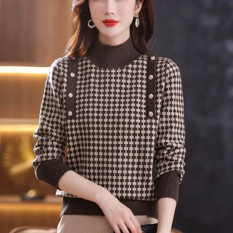 

Autumn Winter New Women Plus Velvet Sweater Vintag Fashion Mock Neck Houndstooth Button Loose Long Sleeve Pullovers Knitted Tops