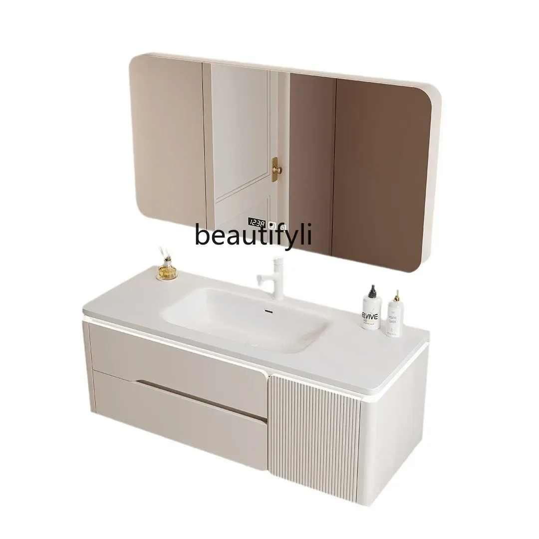 ss newWhole Washbin Bathroom Cabinet Combination Oak Skin Feeling Arc Washstand Ceramic Hand Washing Washbasin