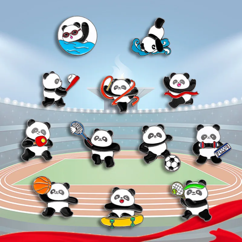 Chinese Panda Pin Sports Series Brooches Basketball Baseball Football Kayaking Brooch Canvas Bags Metal Badge Jewelry Accessory