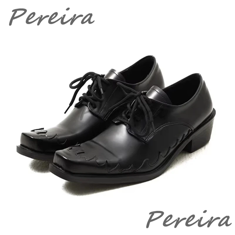

Black Leather Lace-Up Derby Shoes Square Toe 5CM Thick Heel Casual Business Shoes Fashion Retro Flame Carved Men's Dress Shoes