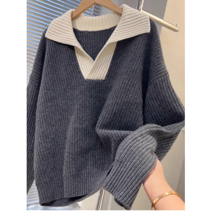 2025 Large Lapel Women's Sweater Color Clashing Knitwear Thicken Top Lazy Loose POLO Collar Comfortable Intercolor Pullover