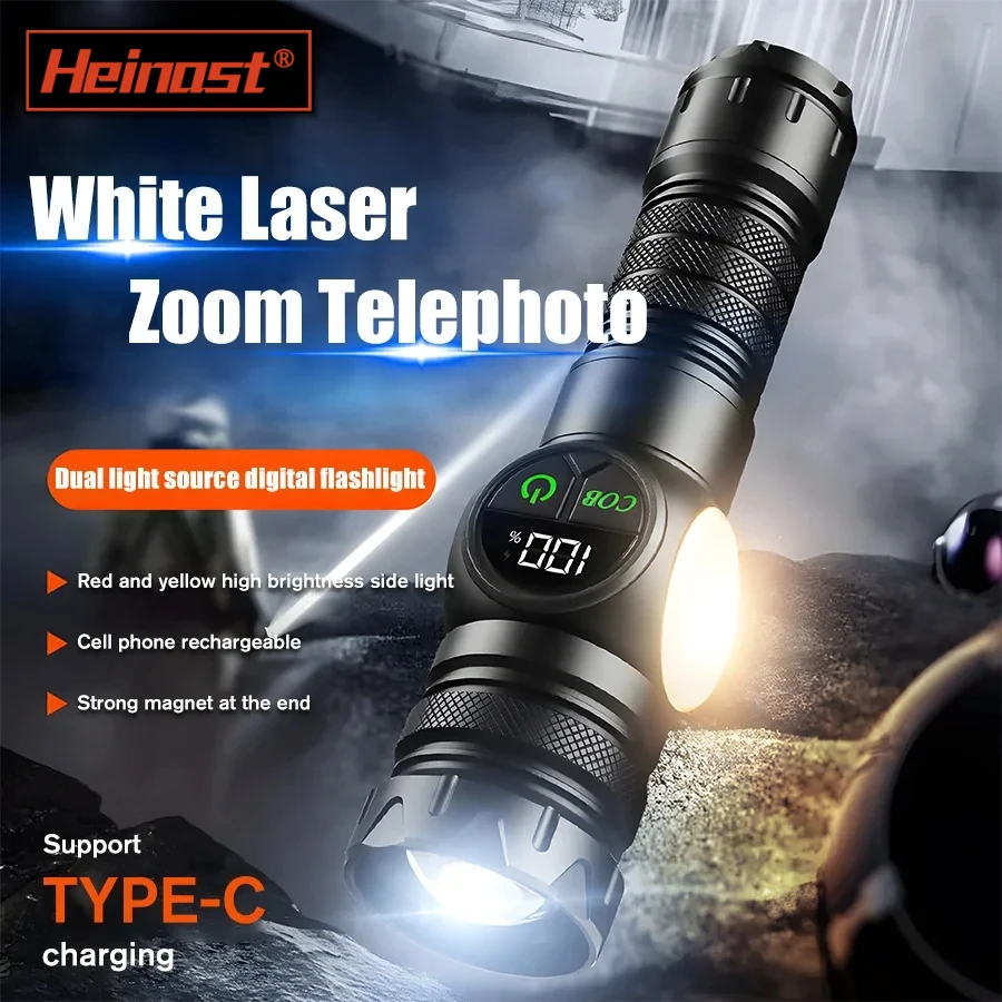 Senter LED jarak jauh, lampu senter LED jarak jauh dengan COB samping, lampu Magnet ekor kuat, pengisian tipe-c, lentera senter paduan aluminium dapat diperbesar