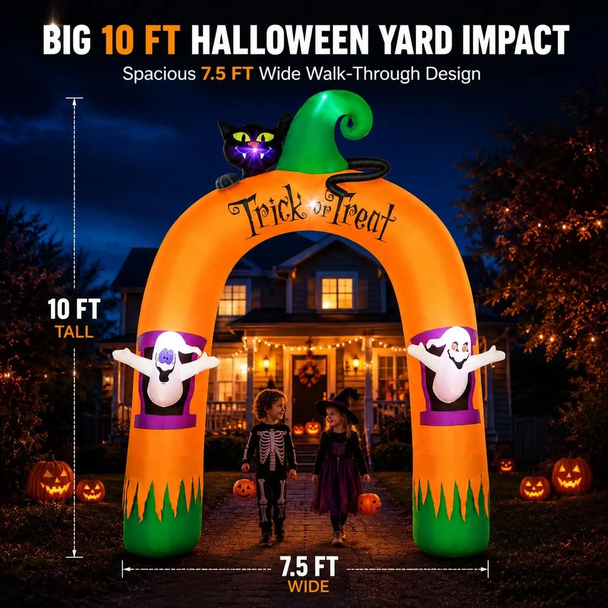 Halloween Inflatable Archway 10Ft with 7 LED Lights, Black Cat & Ghosts Design, Self-Inflating, Weather-Resistant, Foldable Outdoor Yard Decor, Bright Nighttime Glow, Easy Setup, Ideal Lighted Trick-or-Treat Entrance view 3