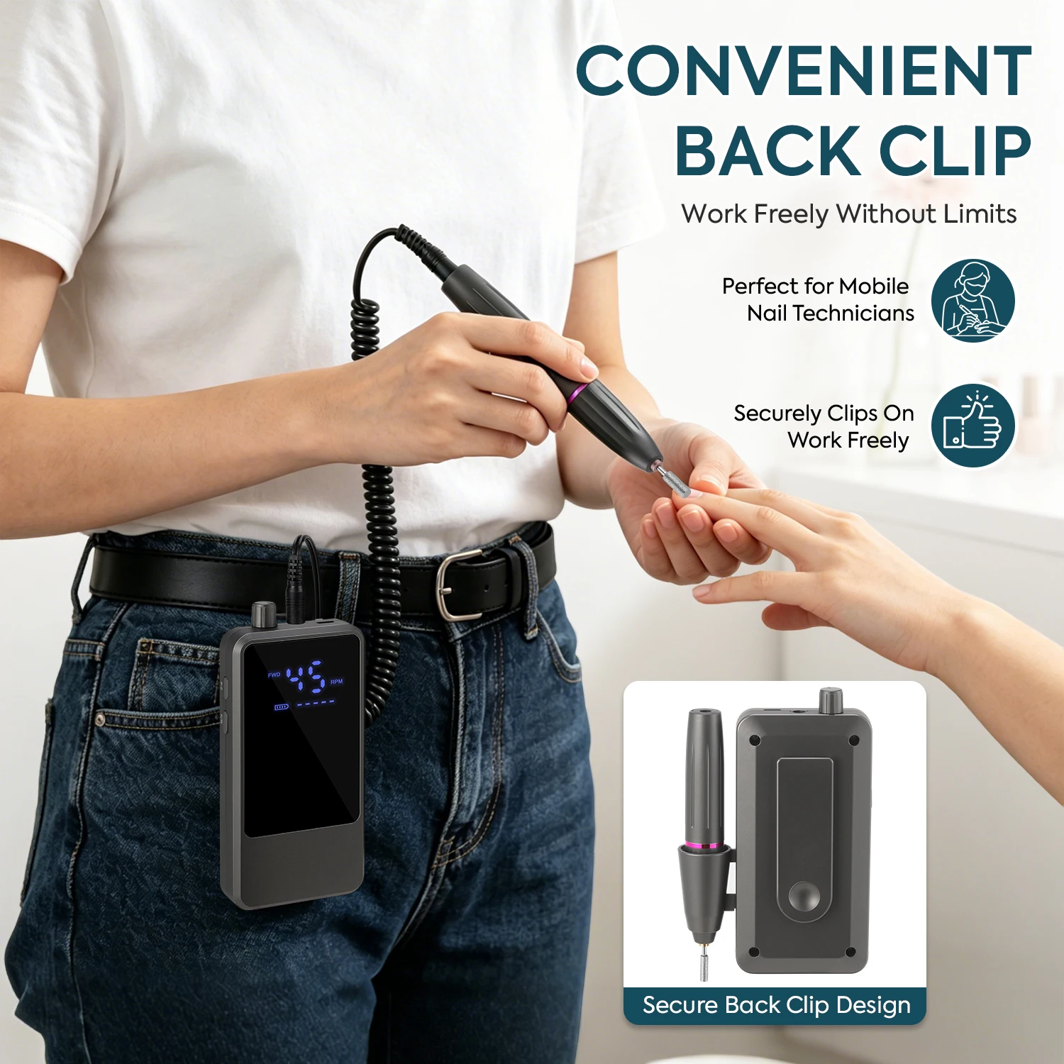 45000RPM Rechargeable Nail Drill Portable Electric Nail File LCD Low Noise Back Clip Manicure Pedicure Salon Tool view 6