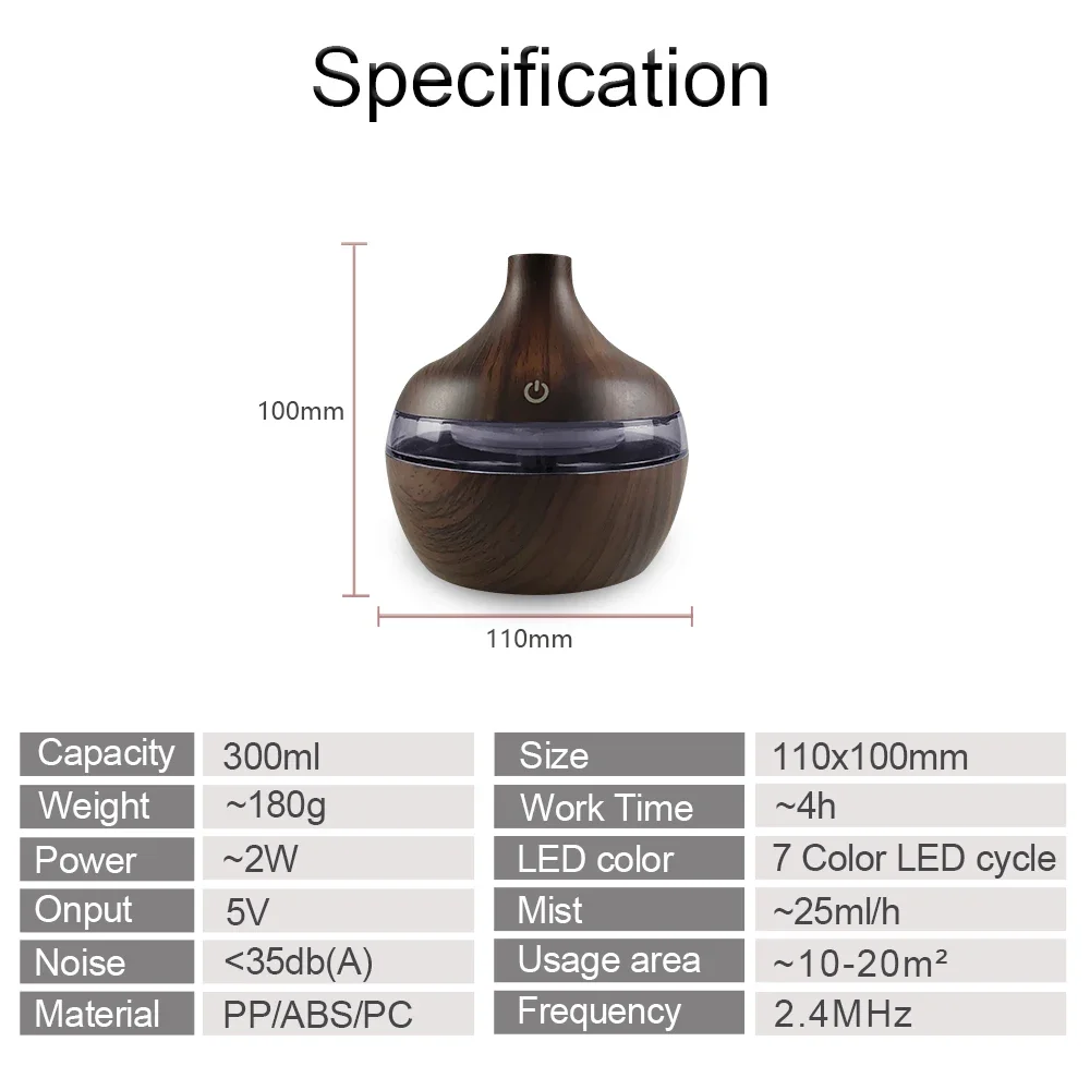 ​​Portable USB Humidifier with 7-Color LED Lighting Aromatherapy Diffuser 300ml Rechargeable Tank​​ for bedroom official