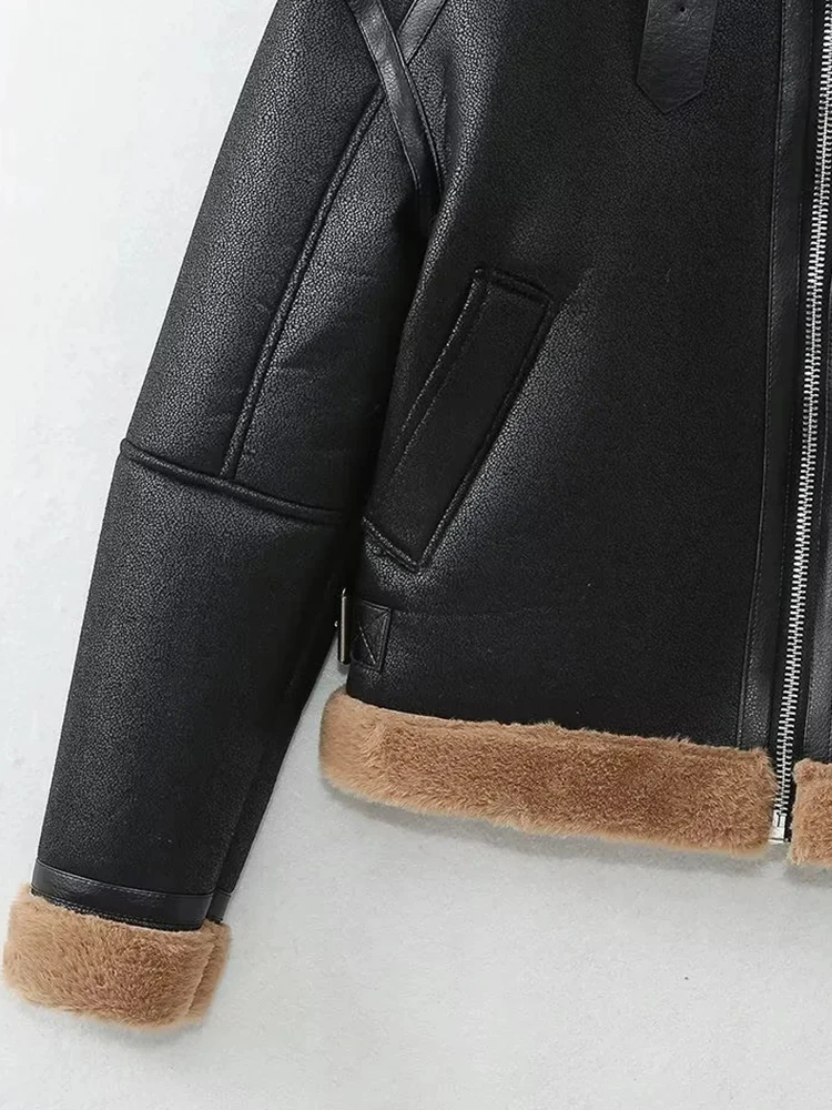 レディース新作秋物フリップカラーロングスリーブファー一体型フリース両面ショートジャケットコート