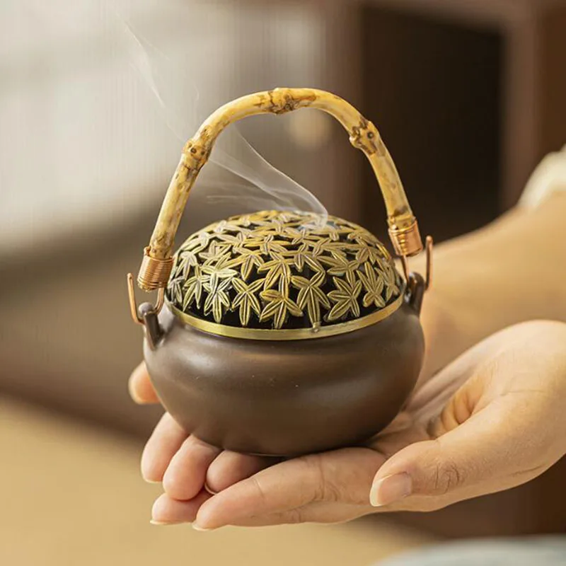 

Retro Ceramic Handle Basket Aroma Burner Smoking Backflow Tower Incense Cone Incense Burner Fragrance Censer Home Decoration
