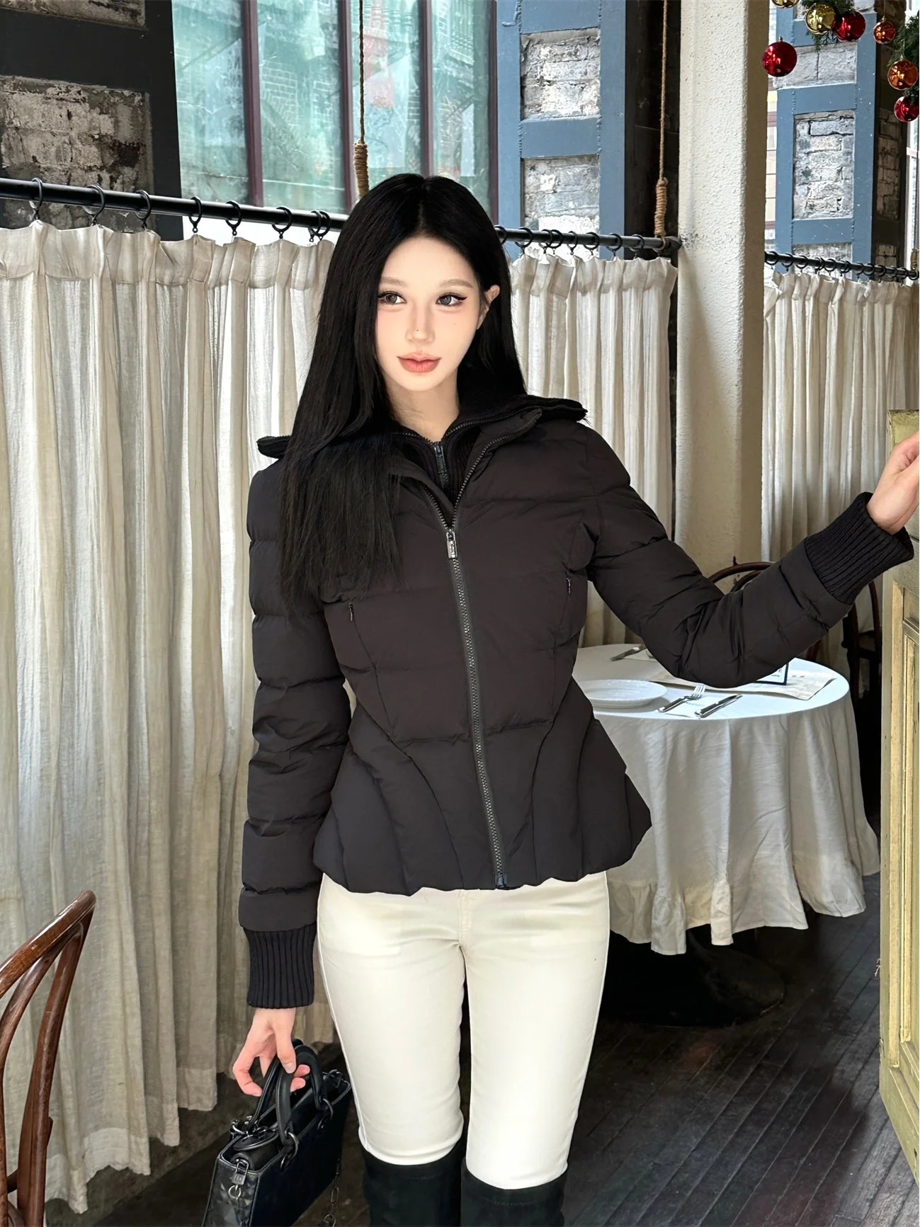

Slim Fit Double Collar Ribbed Underwear down Jacket Outerwear Waist Cinching White Duck down 2025 Autumn Winter Minimalist Style