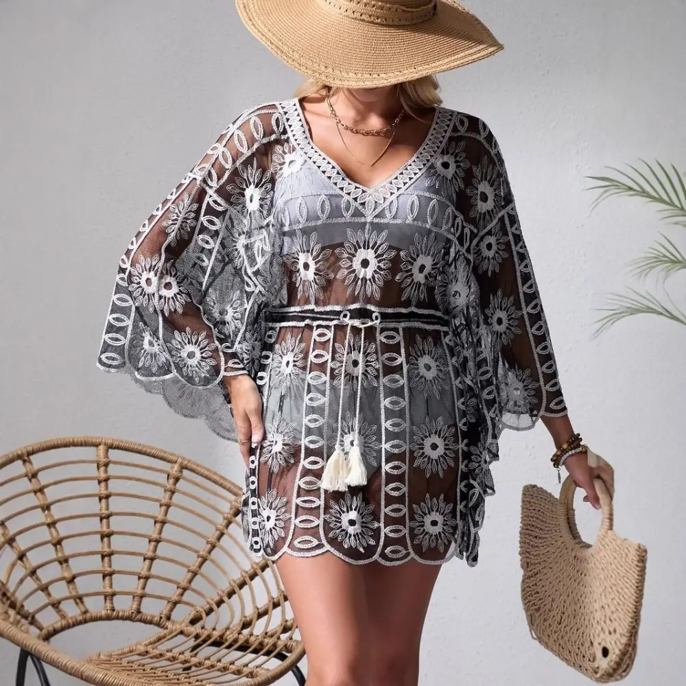 Malha flor roupas de proteção solar transparente rendas até crochê camiseta feminina estilo boêmio com decote em v doce menina topo streetwear