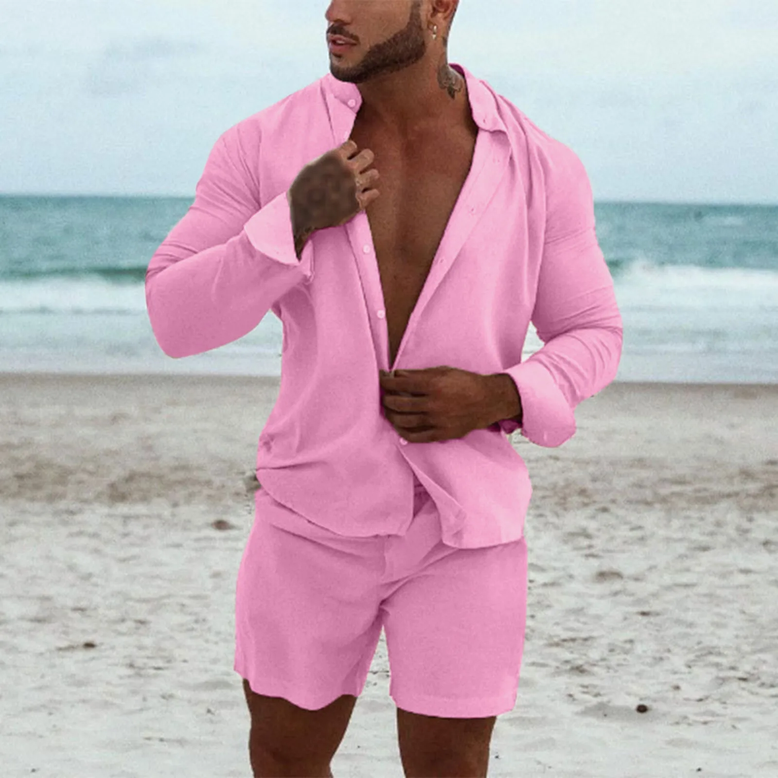 Men\'s Hawaii Cotton Linen Suits Simple and Leisure Long Sleeve Shirts+ Beach Shorts Two Piece Sets Male Solid Color Comfy Outfit