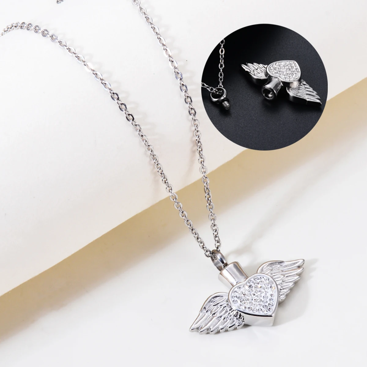 Angel Wings & White Crytsal Heart Cremation Memorial Necklace Jewelry Can Open Keepsake Ashes Urn Pendant Dropshipping