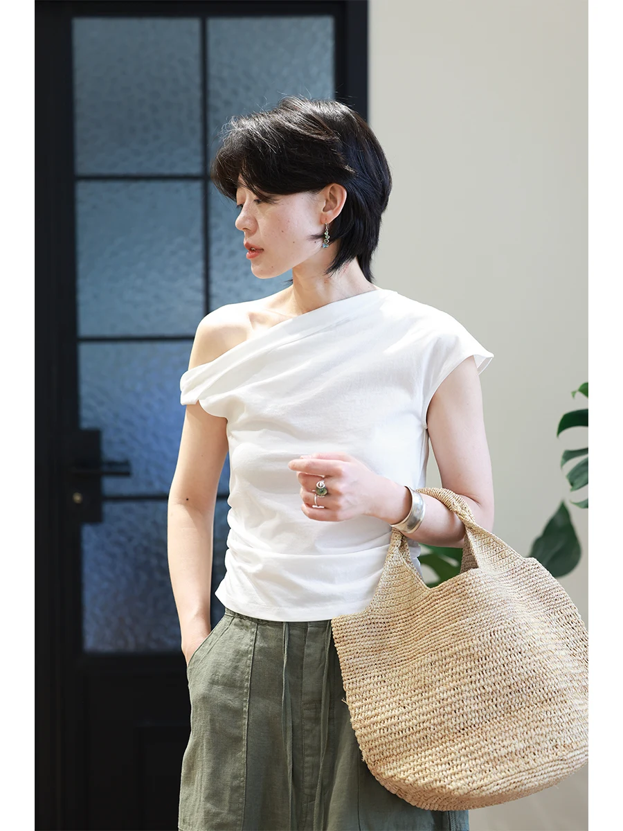 

Comfortable Breathable Twist Folded Shoulder Short Sleeve Vest T-Shirt Women Asymmetric Design Slim Fit Sleeveless Single Sho...