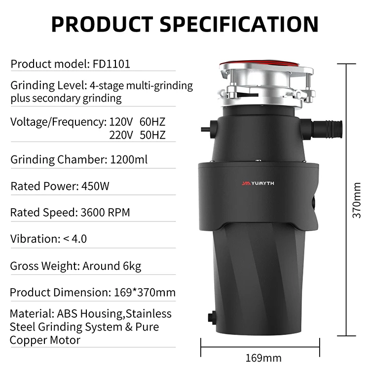 Yumyth Kitchen Waste Disposer 1/2 HP Continuous Feed Garbage Disposal Food Waste Disposer with Stainless Steel Grinding System