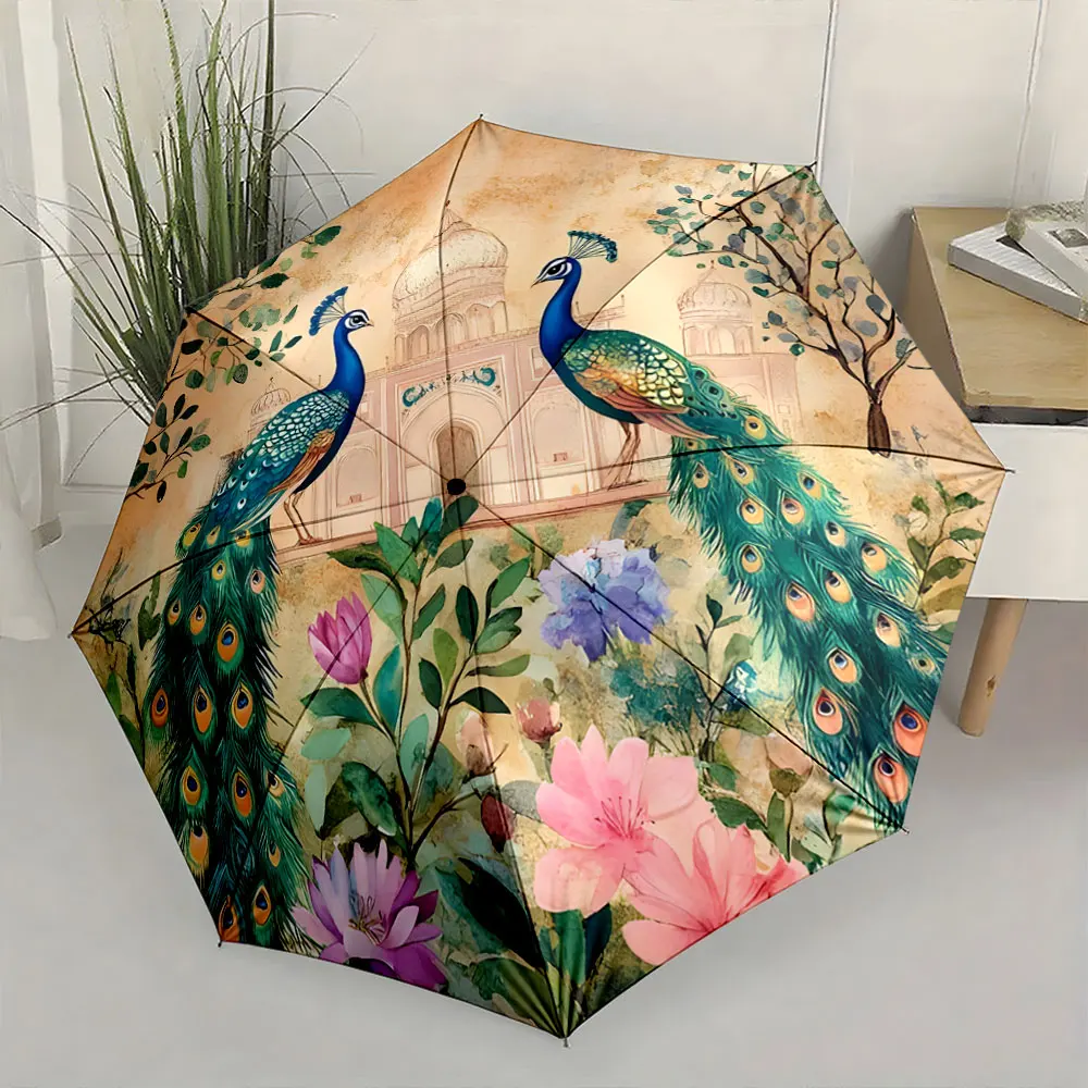 1PC Peacock Elegance: Vibrant Umbrella Design Print 8 Iron Ribs Folding Umbrella Auto-Open Fashion Sunshade