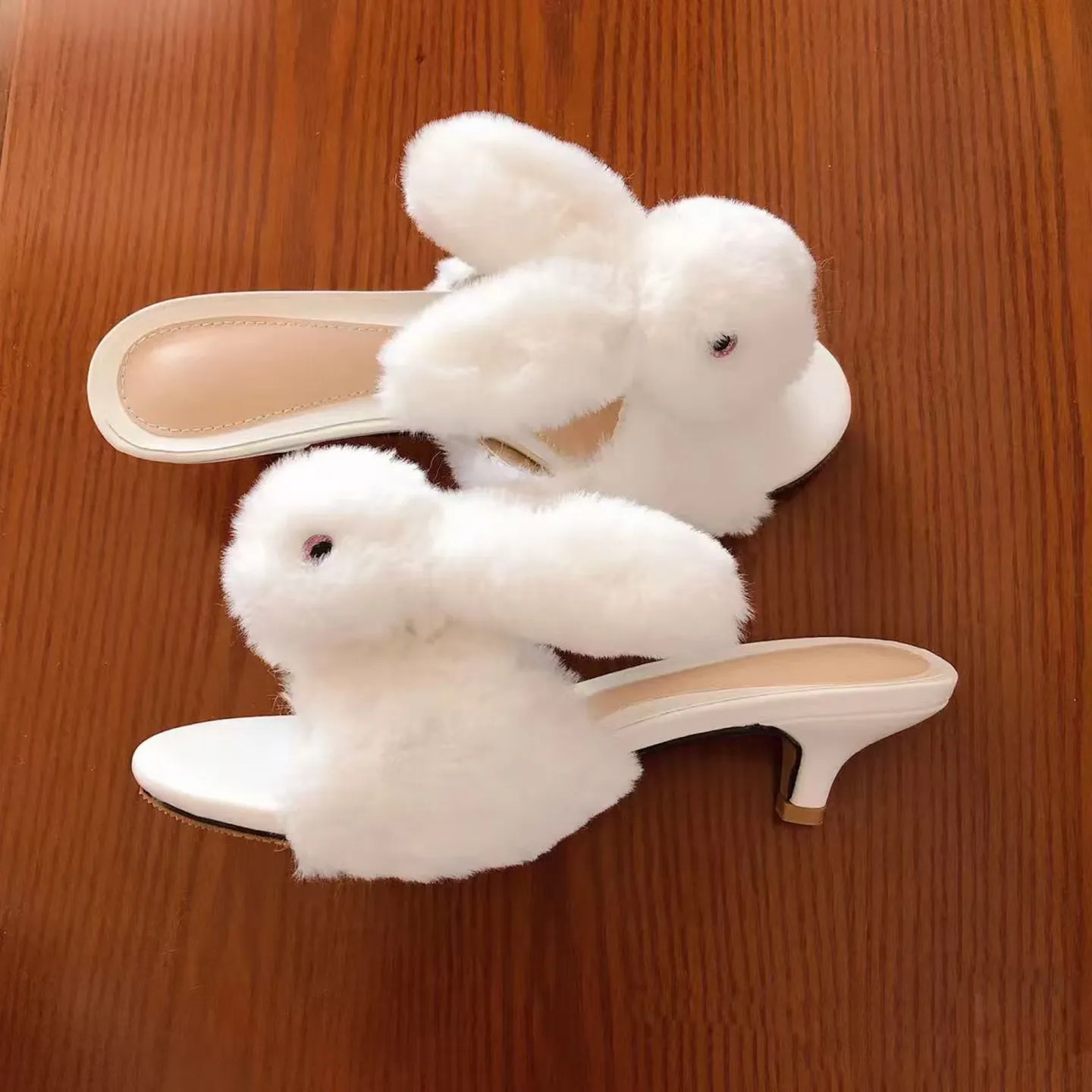 Autumn and Winter 2026 Rabbit Head Fluffy One-word Drag Women's Stiletto High-heeled Plush Slippers Advanced Fluffy Shoes