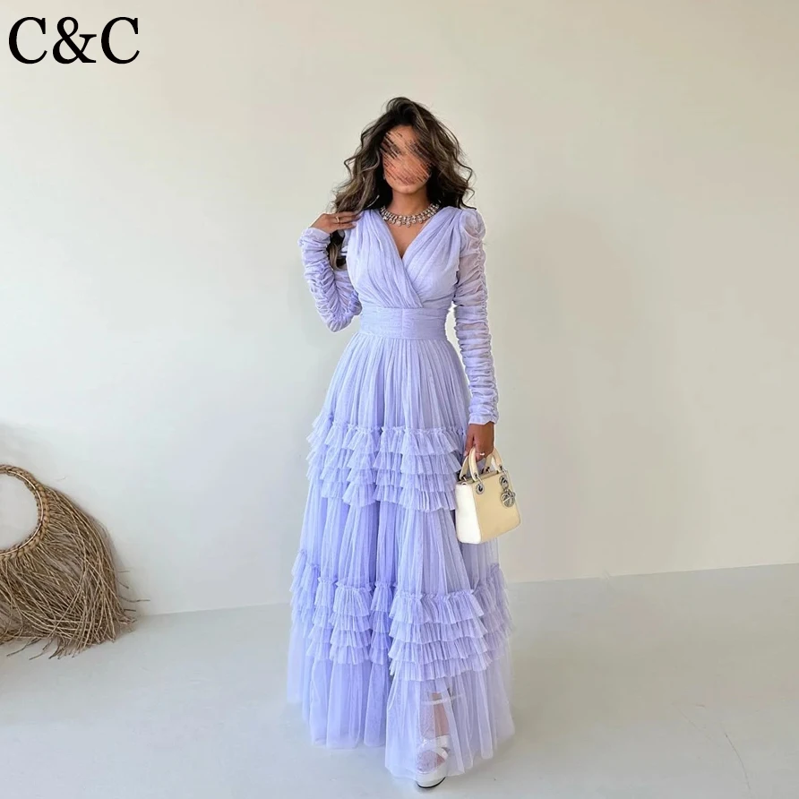 Indigo Tulle Prom Dresses V Neck Long Sleeves Floor-Length A Line Women Formal Party Elegant Gown 2024 vestidos de gala