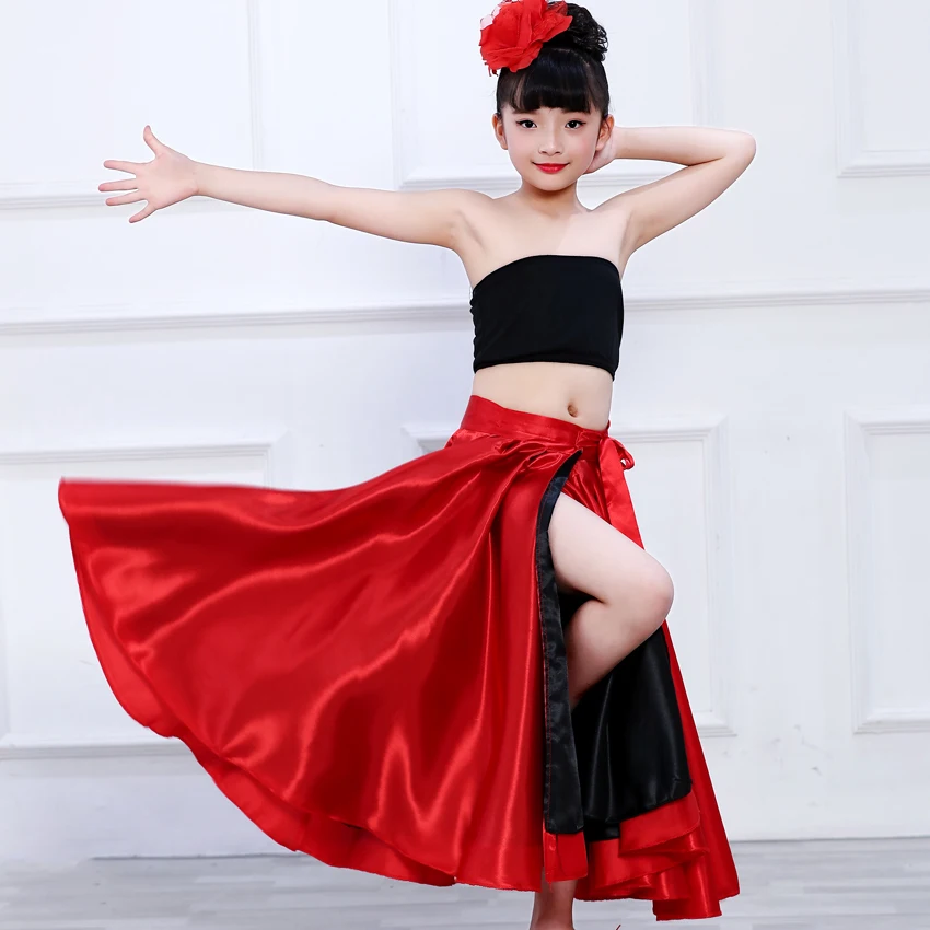 360-720 graus vermelho preto cetim sólido espanhol flamenco saia rendas acima do sexo feminino trajes de dança meninas salão de baile mãe filha vestido