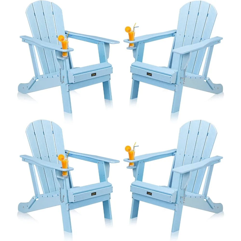 

Set of 4 Folding Adirondack Chairs, Waterproof HDPE, Cup Holders, Comfortable Seating for 380lbs