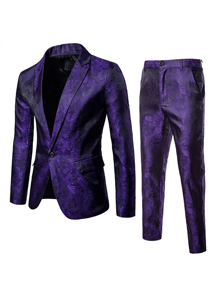 Purple Paisley Floral Gilding One Button Suit ( Jacket+Pants) Men Stage Party Weeding Tuxedo Blazer Men