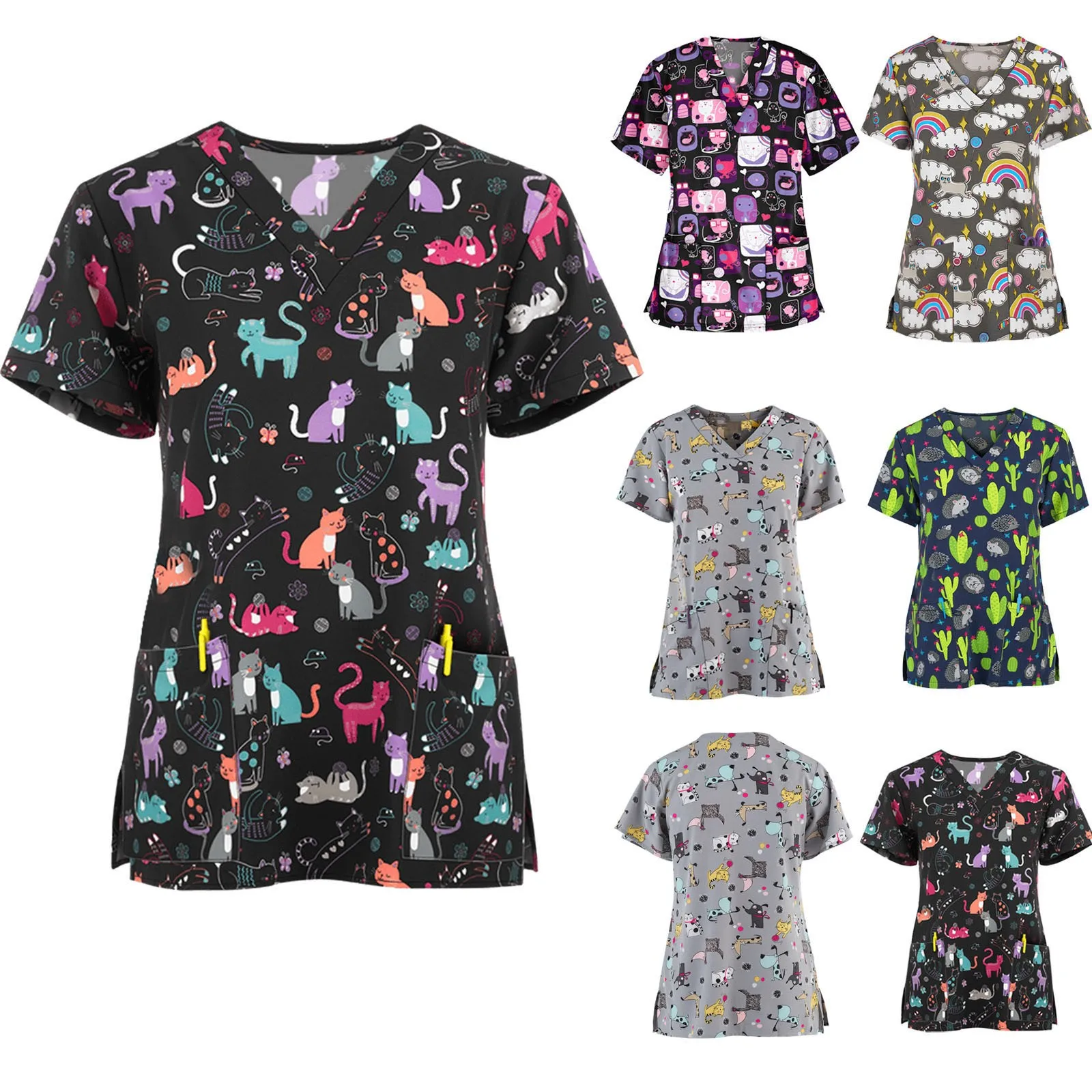 Nursing Uniform Women'S Working Uniform Woman Clothes Scrubs Top With Two Pockets Floral Printed Short Sleeve V-Neck Blouse Top