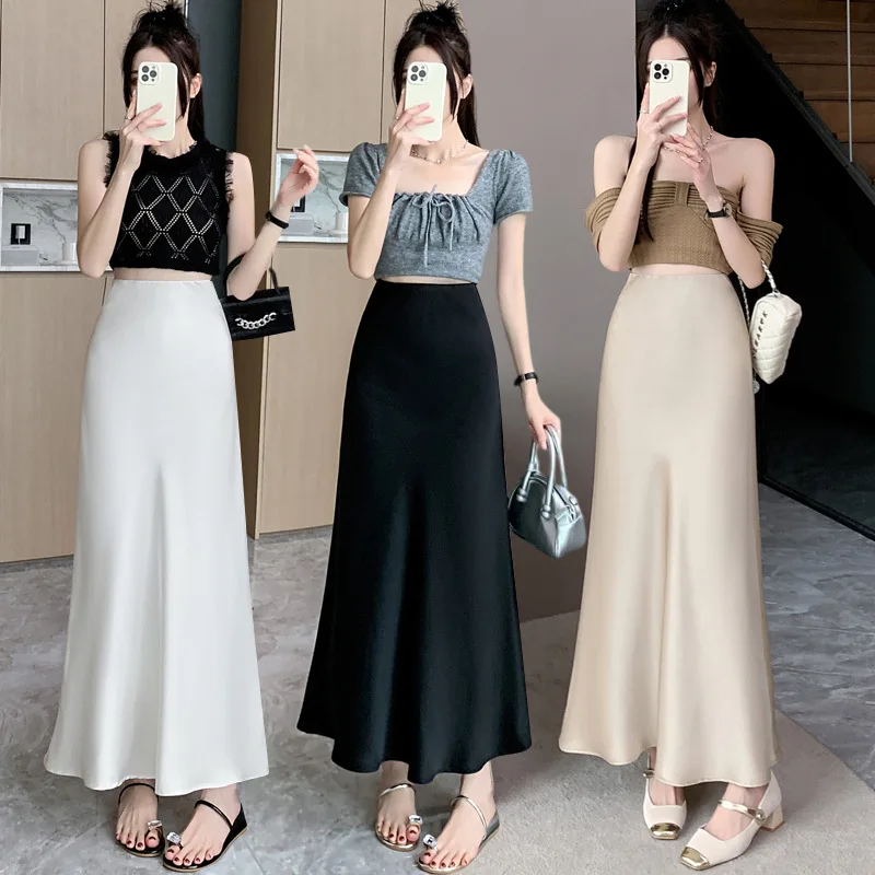 Azijn Satijn Fishtail Rok Vrouw Koreaanse Mode Elastische Hoge Taille Rokken voor Vrouwen Lente/Zomer 2024 Nieuwe Chic Dame rokken