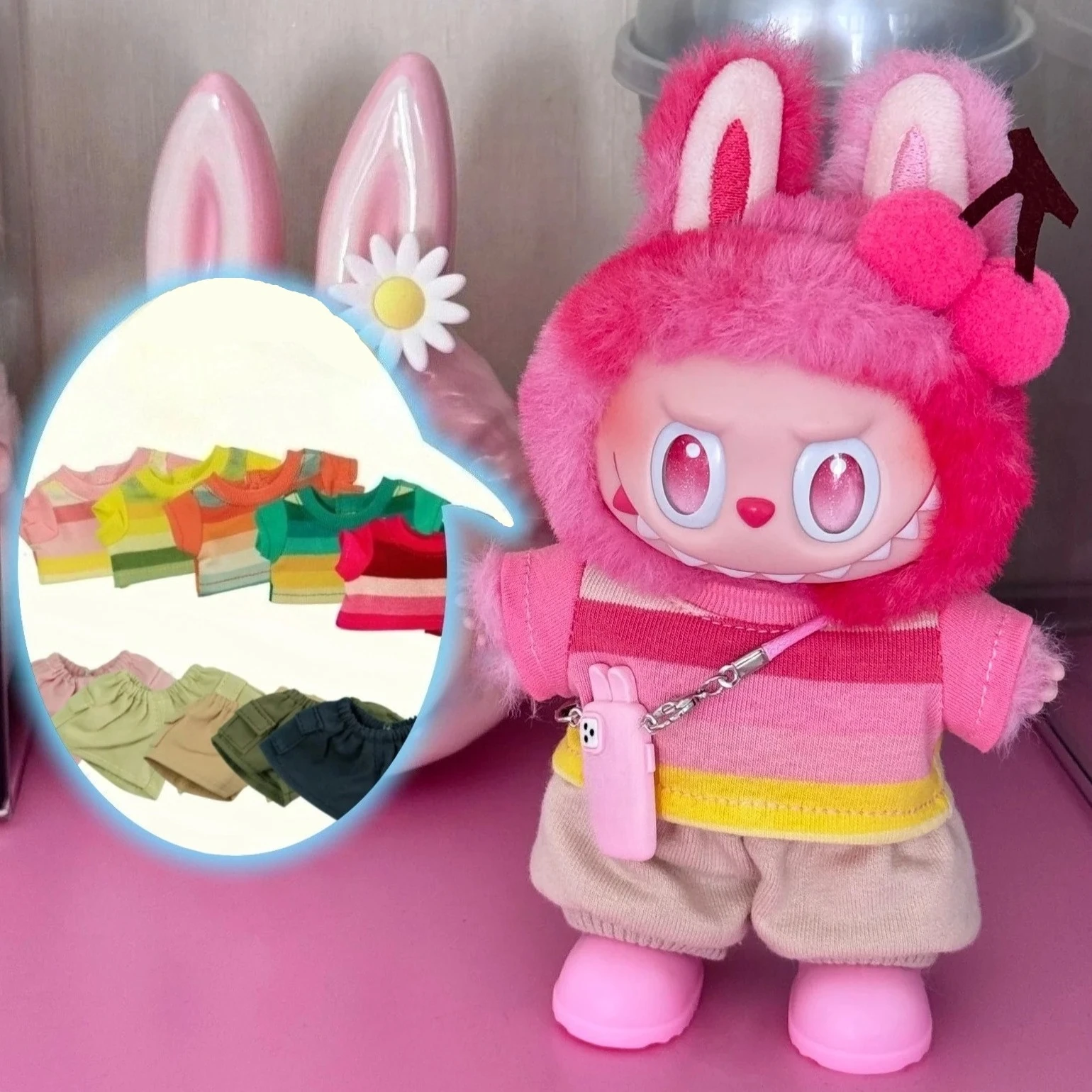 

For 15/17cm Labubu Doll Bright Striped Top Adventure Pants Set Playtime Outfit