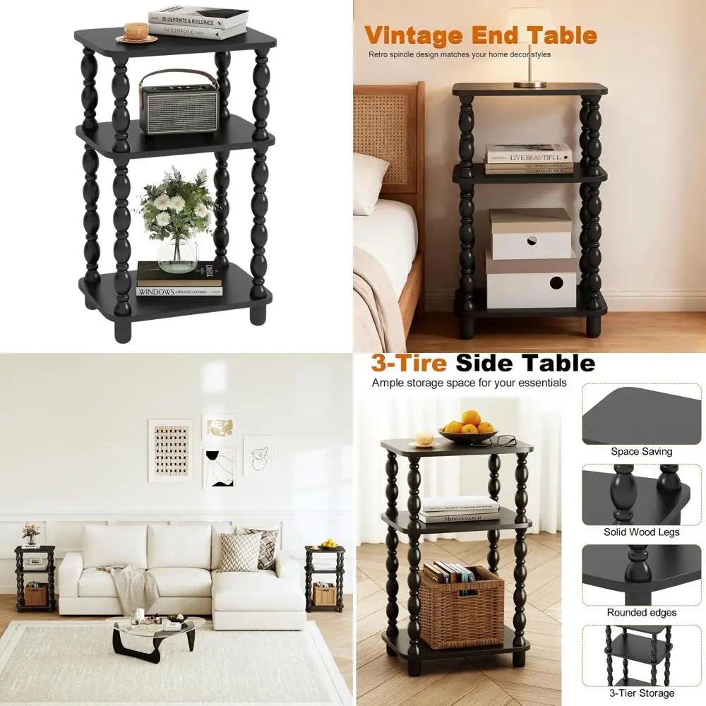 

Винтажный 3-ярусный приставной столик, компактный акцентный элемент для гостиной, узкая прикроватная тумбочка для спальни (черный)